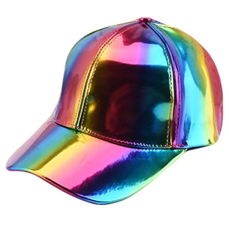 Women Men Faux Leather Baseball Cap Glitter Metallic Holographic Rainbow Reflective Hip Hop Adjustable Strapback Peaked Hat