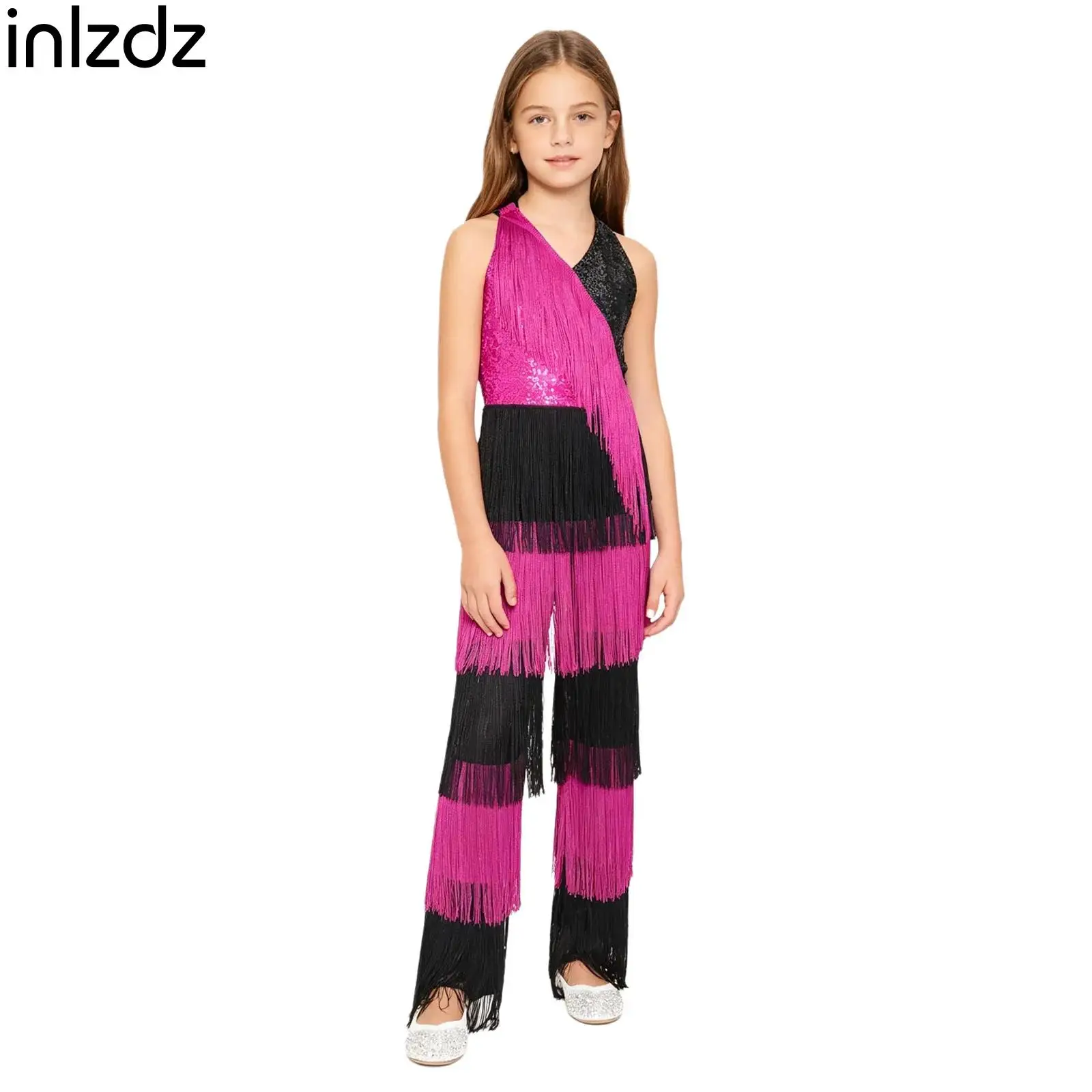 

Girls Jazz Latin Dance Costume Jumpsuit Halter Sleeveless Sparkly Sequins Tassel Bodysuit for Stage Ballroom Dance Performance
