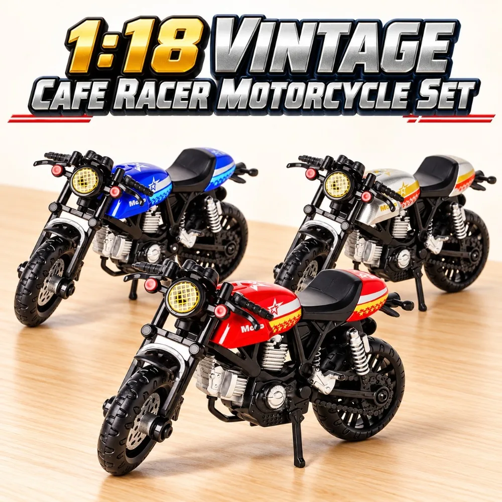 1:18 Vintage Cafe Racer Motorcycle Set, Retro Diecast Toy Model, Random Color and Style, Back-to-school Season