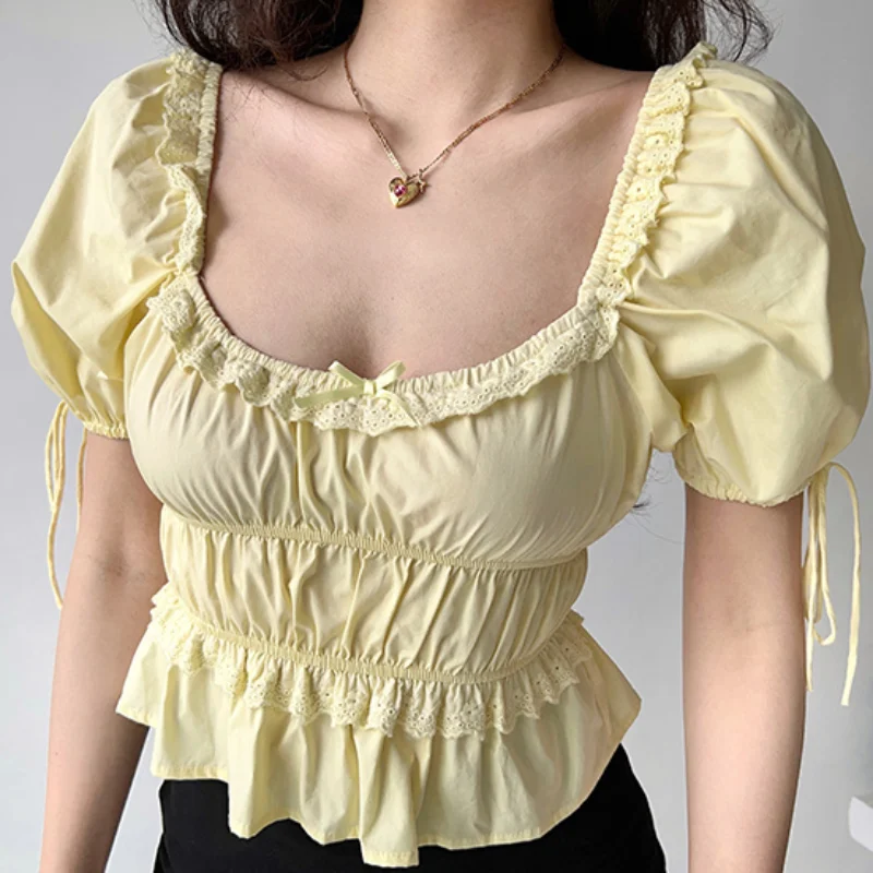 Chemise en dentelle à manches bulles pour femmes, haut court amincissant, col carré, taille haute, vintage français, grand, nouveau, été, 2024