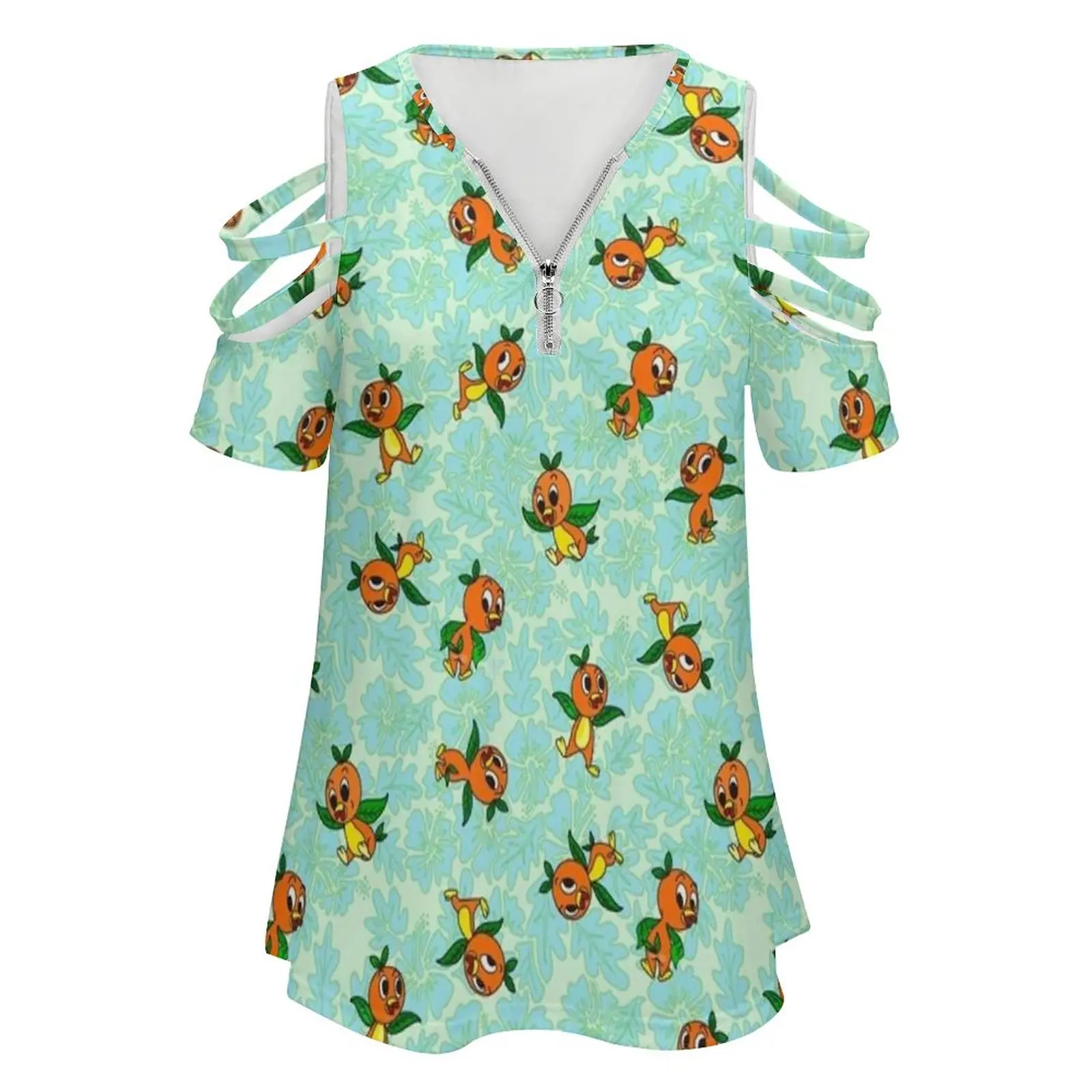 Little Orange Tropical Bird On Hibiscus Robin’S Egg Blue Women's T-Shirt Summer Fashion Print Floral V-Neck Zipper Tshirt