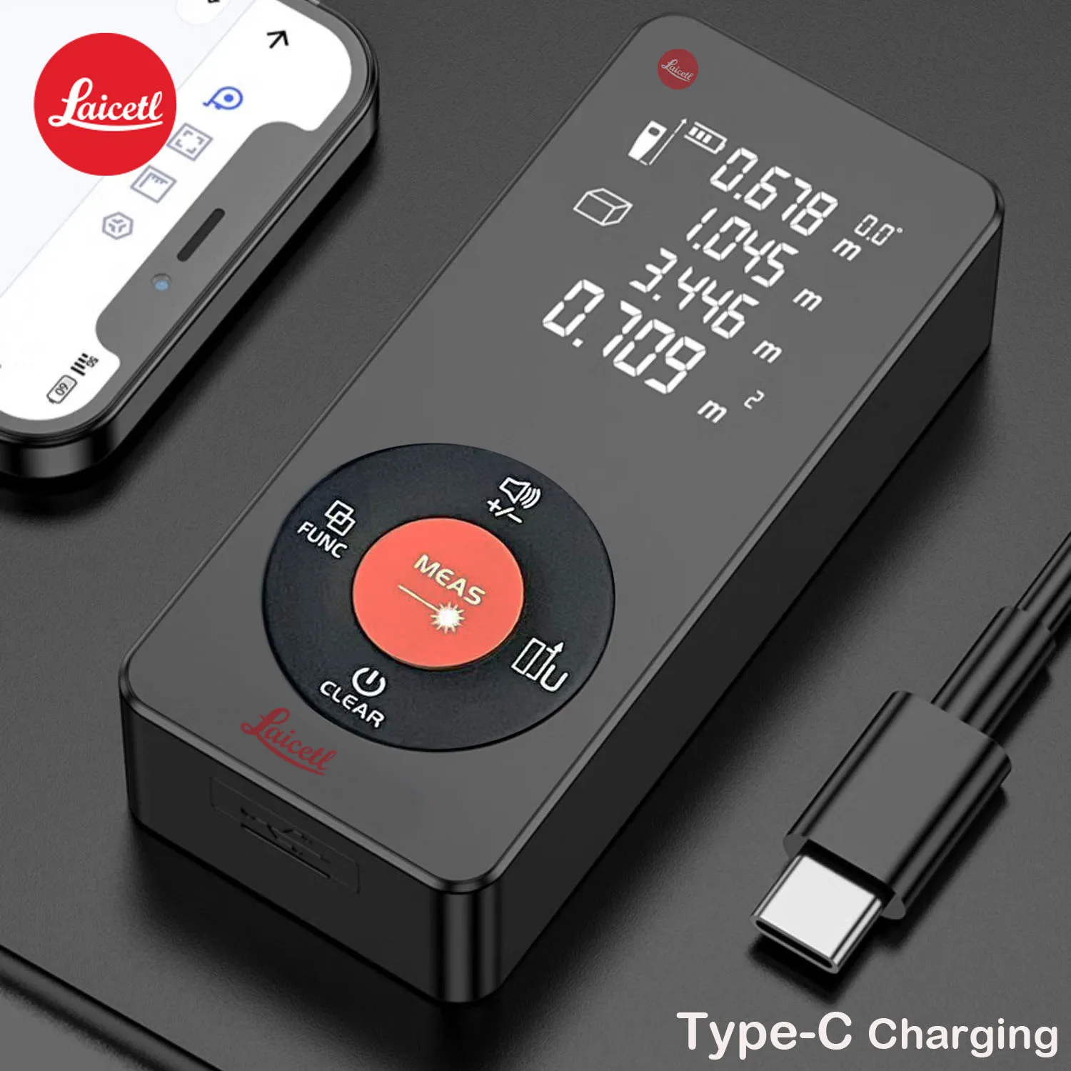 جهاز قياس المسافة بالليزر Laicetl مع شاشة عرض للجسم - قابل لإعادة الشحن عبر USB، قياس سريع، أداة قياس داخلية، تصميم أداة حديثة