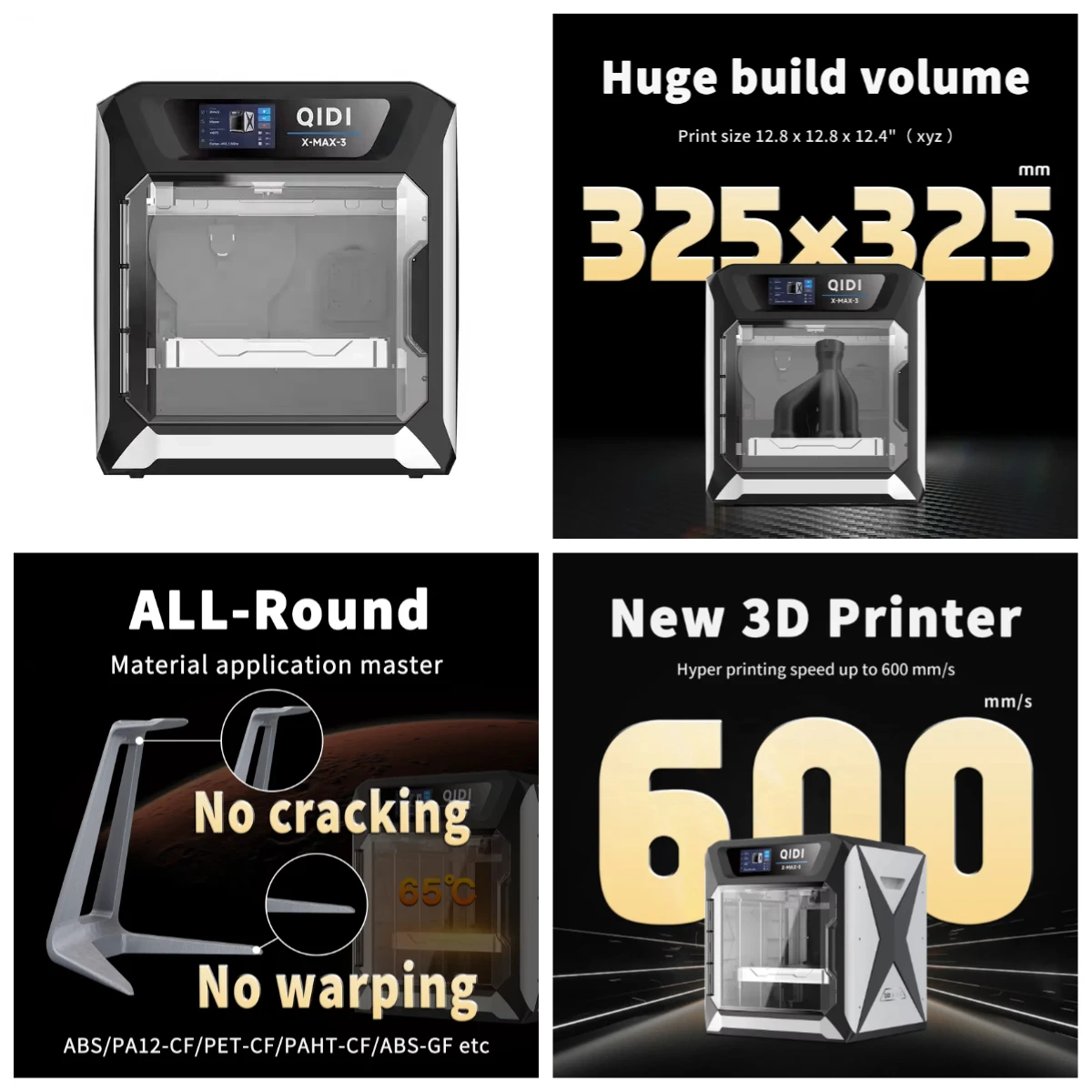 

FL-QIDI TECH Wholesale X-MAX 3 Fast Speed Printing 600mm/s Industrial WIFI Print Large Size 325*325*325mm FDM 3D Printer