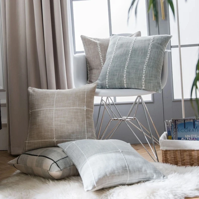 Cotton Linen Simple Plaid Embroidered Cushion Cover Sofa Square Lattice Throw Pillow Case Embroidery Lumbar Pillow Cover 45x45cm