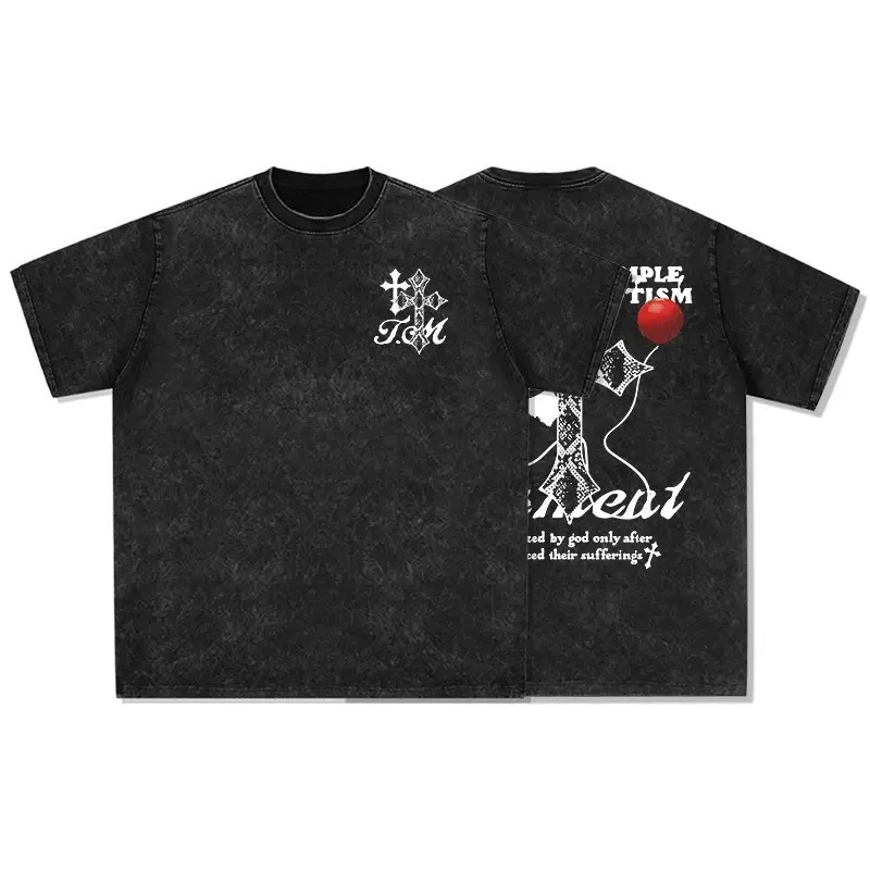 

American Retro Printed T-shirt, Street Hip-hop Trendy Brand, Aged Washed Heavyweight Pure Cotton Round-neck Short-sleeved
