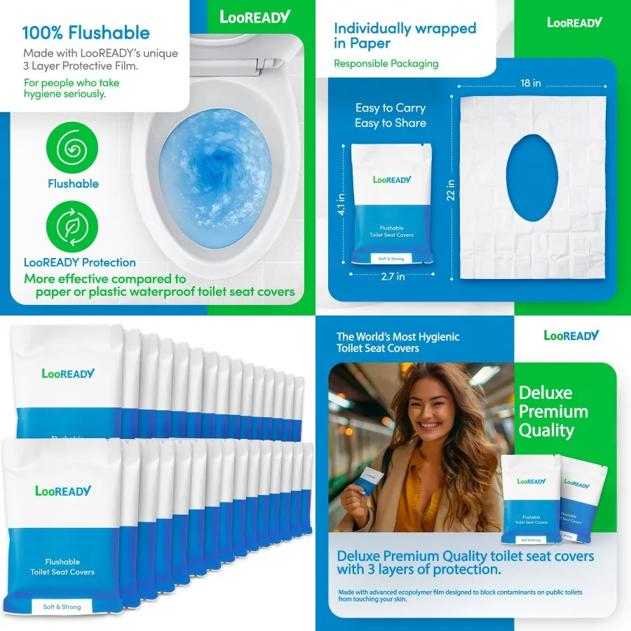 

Disposable Flushable Toilet Seat Covers Extra Thick and Large 18x22 Inches Individually Wrapped for Travel and Public Bathrooms