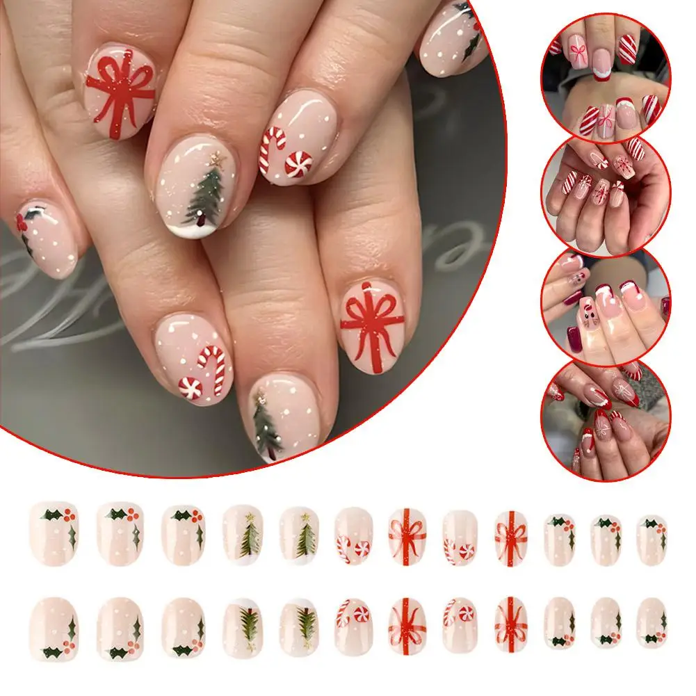 Armadura navideña, 24 Uds., dibujos animados navideños en 3D, prensa en las uñas, lindo Papá Noel/flocos de nieve, cobertura completa, uñas postizas de Año Nuevo