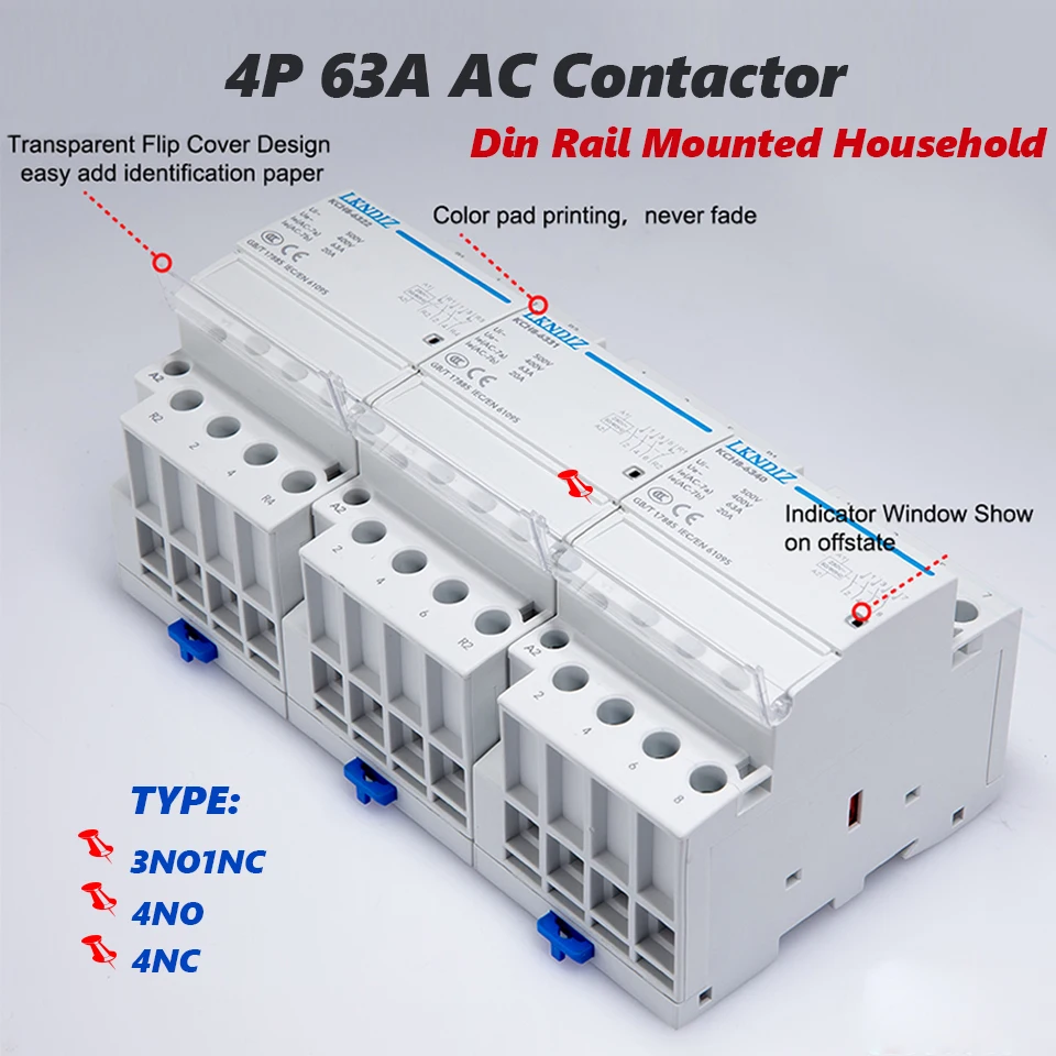 

4P 63A AC Contactor Din Rail Mounted Household Smart Modular for Home House Hotel AC220V 2P 16A 20A 25A 2NC 2NO LKNDIZ