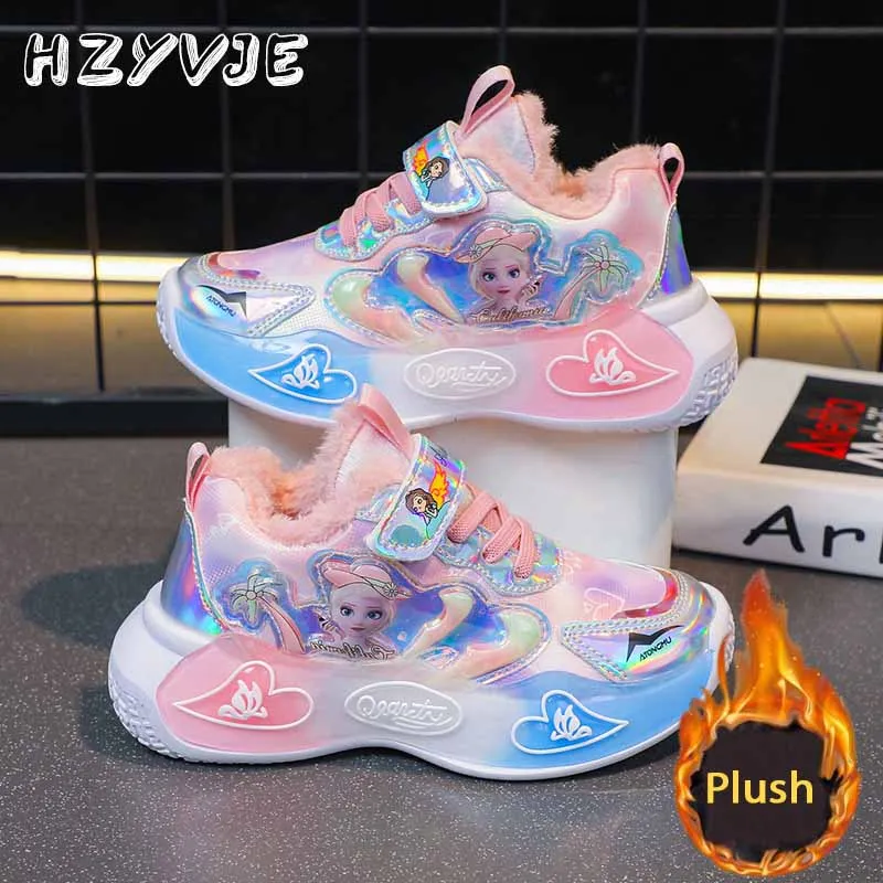 Disney Frozen Princess Elsa Plus Plush Warm Cotton Shoes Leater Upper Sneakers Autumn Winter Kids Anti-skid Running Sports Shoes