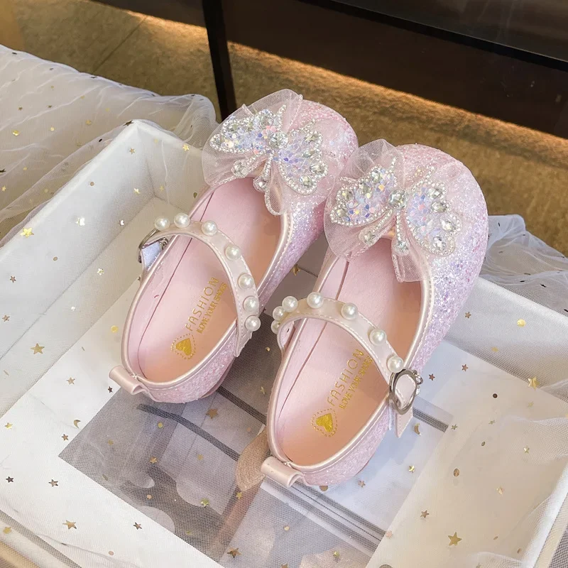 Little Girl Leather Shoes Spring Autumn Kids Sequins Party Shoes Fashion New Butterfly Children Princess Shoes Sweet Elegant