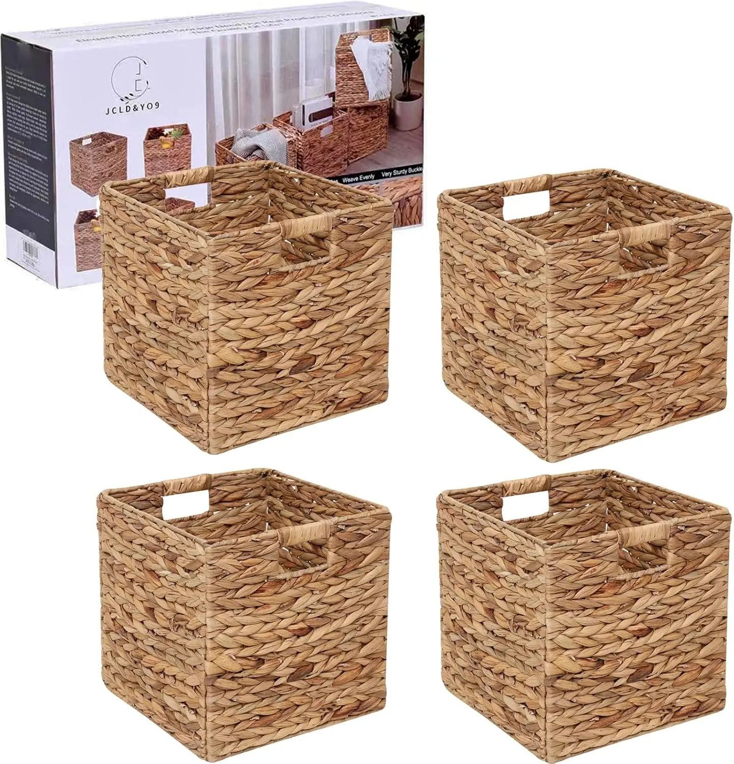 

Set of 4 Foldable Water Hyacinth Storage Baskets, 12x12in Wicker Cubes for Home Organization
