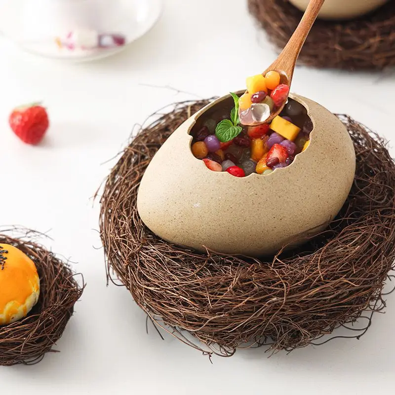 Egg shell shaped tableware creative dessert plating oval ceramic simulated bird nest ostrich egg instant noodle bowl interesting