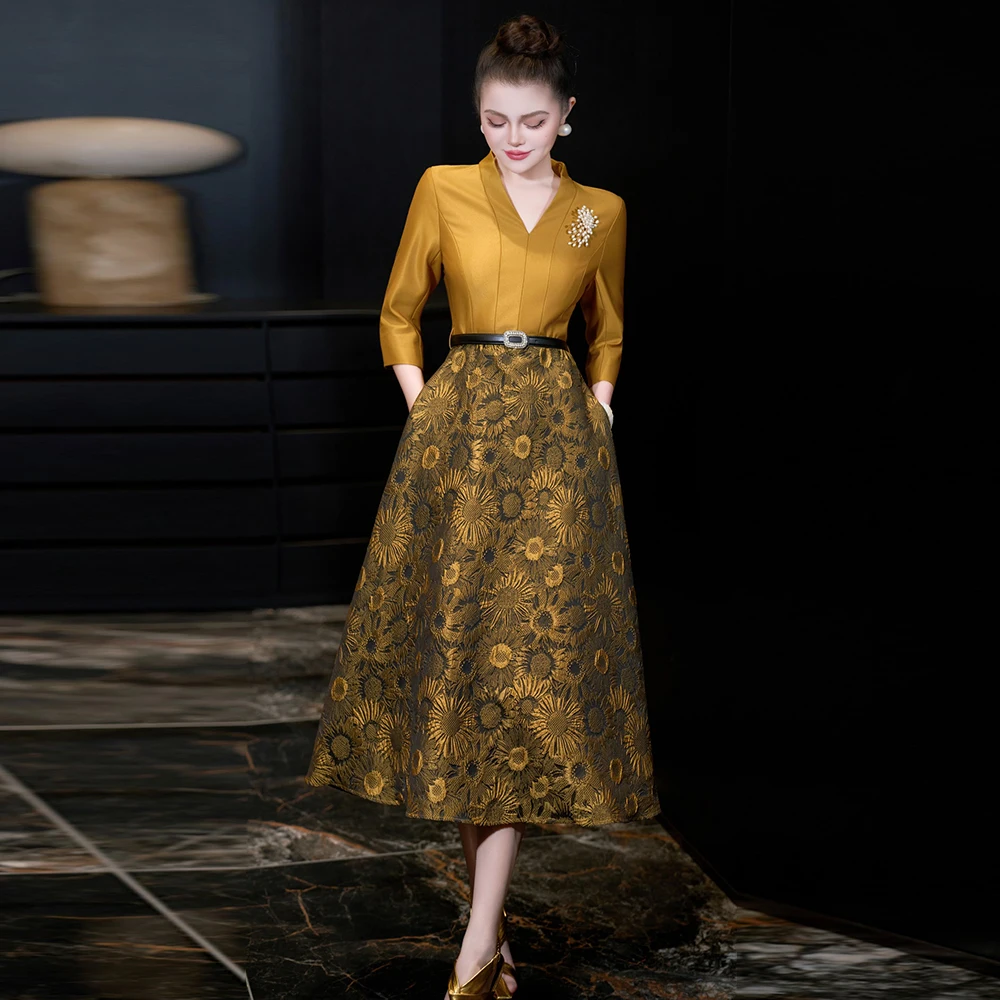 ZJYT primavera nuevo 2026 elegante Midi Vintage vestidos de Jacquard para mujeres mangas tres cuartos cuello en V vestido de fiesta de lujo bata femenina