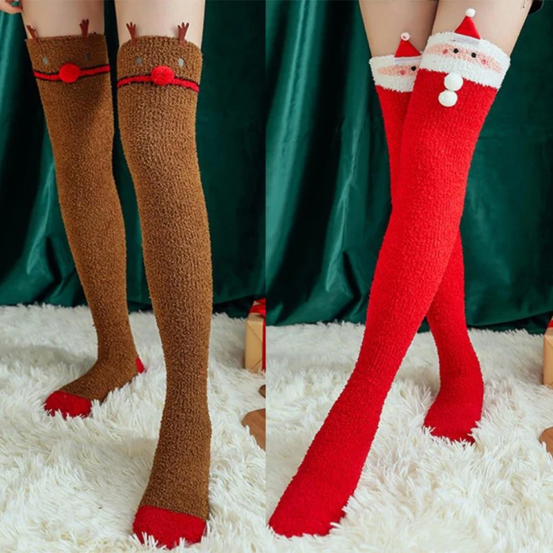 

Women Christmas Coral Thigh High Stockings Santa Elk Pattern Fuzzy Plush Home Sleeping Leg Dropshipping