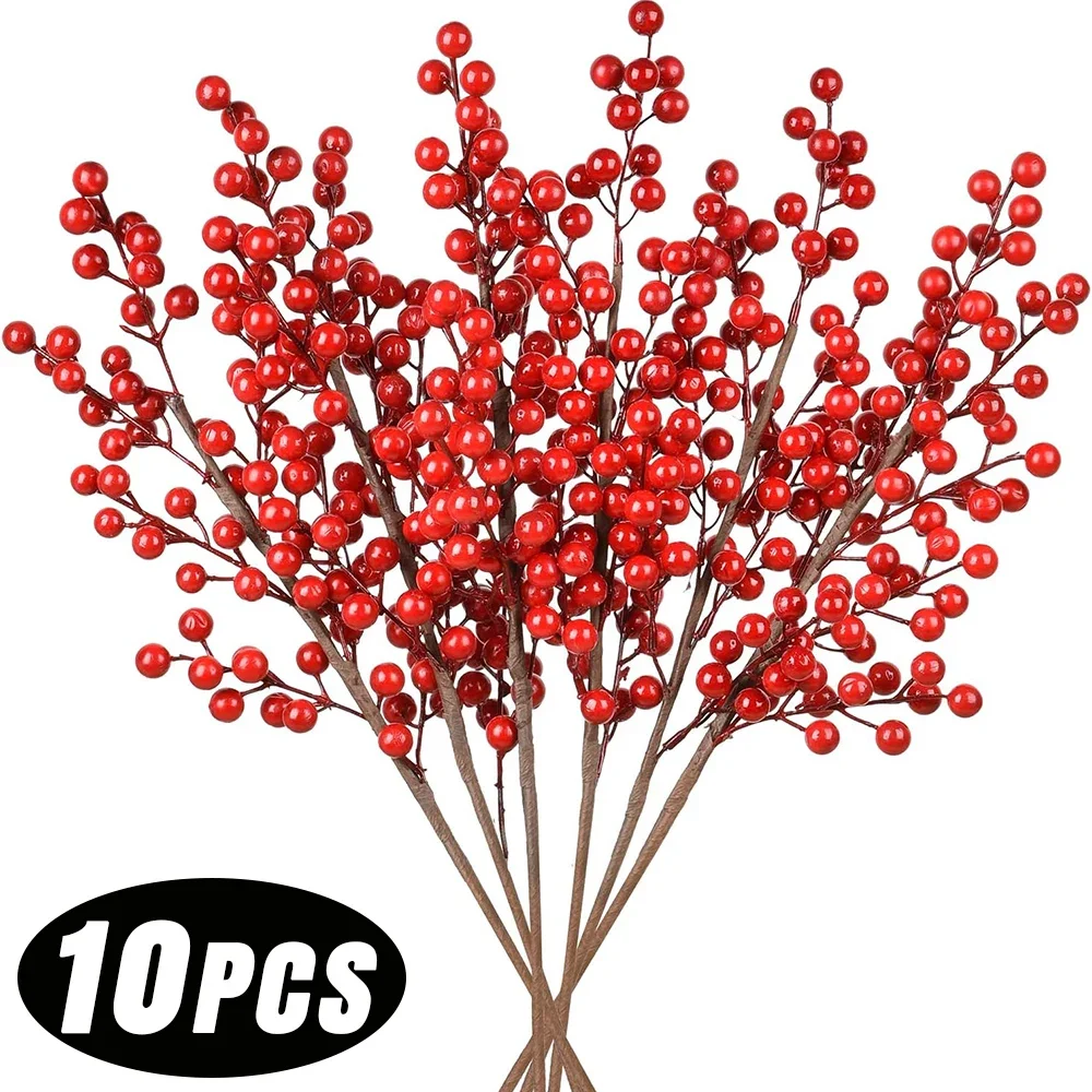 10/1Pcs Artificial Red Berry Flowers Branches Fake Plant Stamen Bouquet Home Christmas New Year Party Table Decoration Supplies