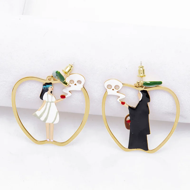 

Fashion Cartoon Fairy Tale Classic Charactor White Dress Maiden Witch Apple Frame Asymmetrical Dangle Earrings Ear Clip for Girl