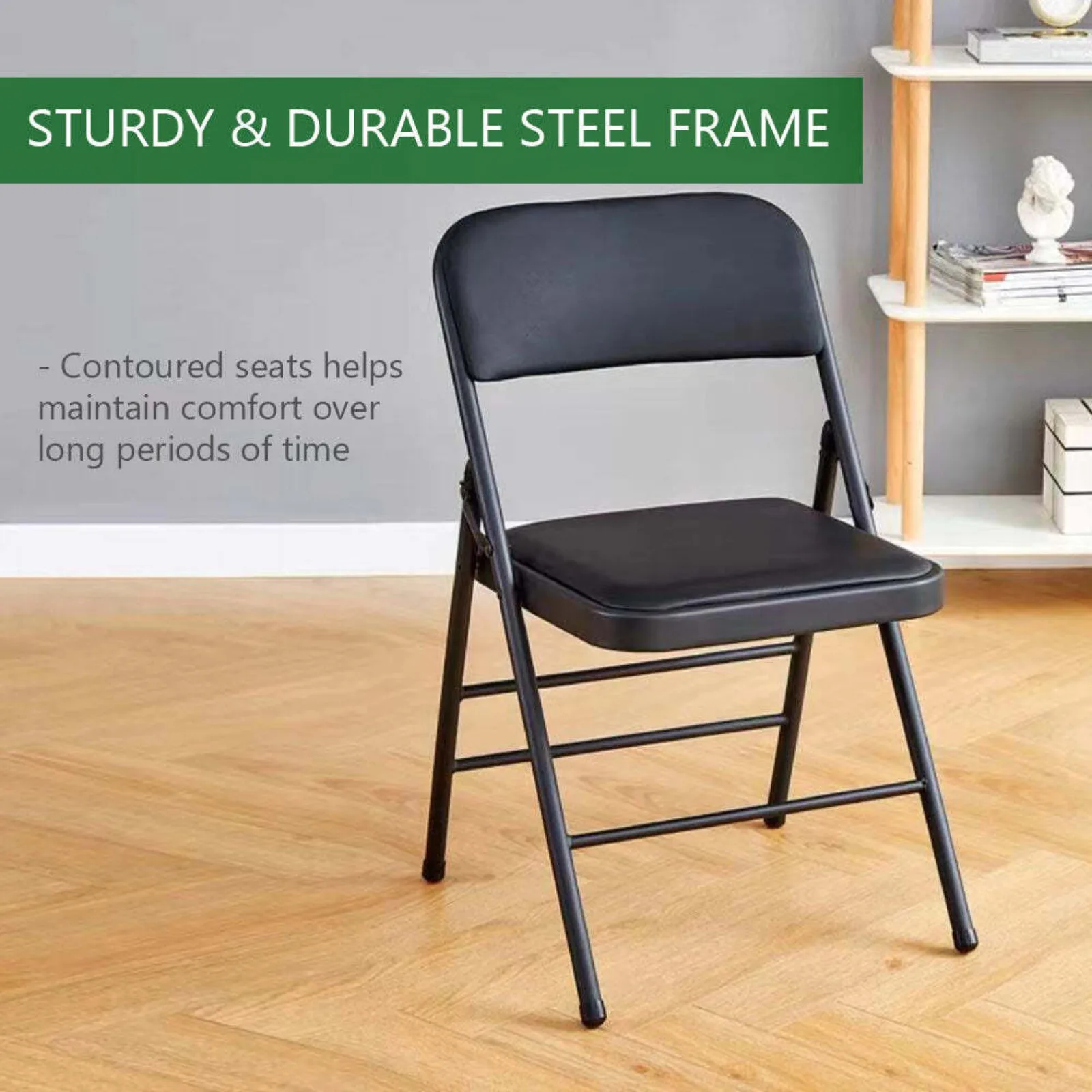 US 2 PACK STEEL FRAME PADDED FOLDING CHAIR(VINYL BLACK)