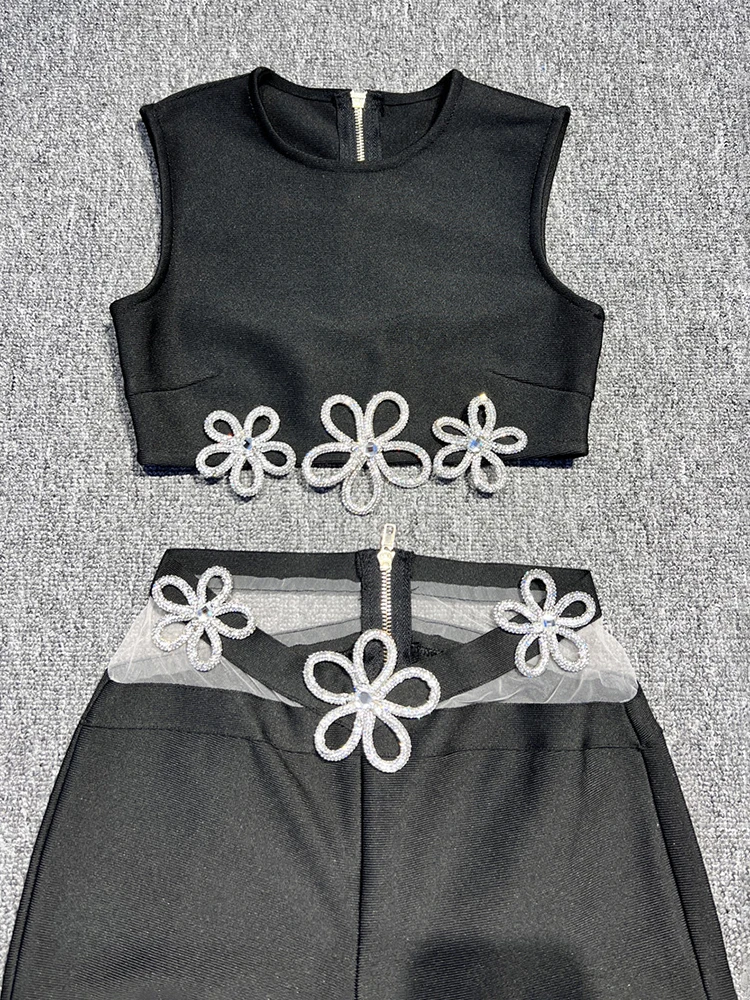 Vc Hosen-Sets für Frauen 2 Stück schwarze Bandage Outfit ärmellose Tank Top Blume Diamant Mesh gespleißt enge Hosen