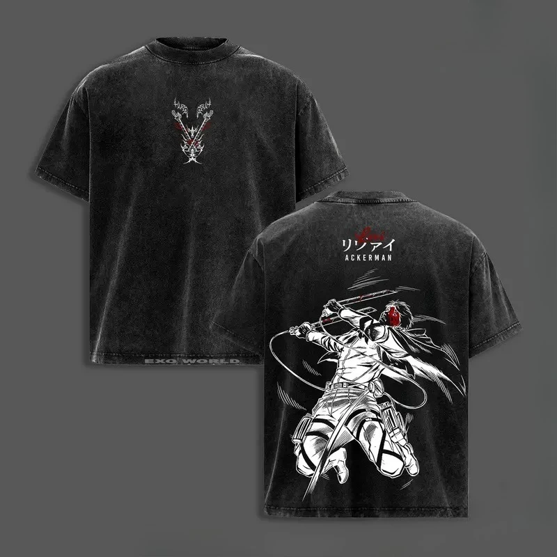 Anime Attack On Titan Levi Graphic T Shirt Men Short Sleeve Clothing Casual Cotton Tshirt Vintage Washed T-shirt Harajuku Tops