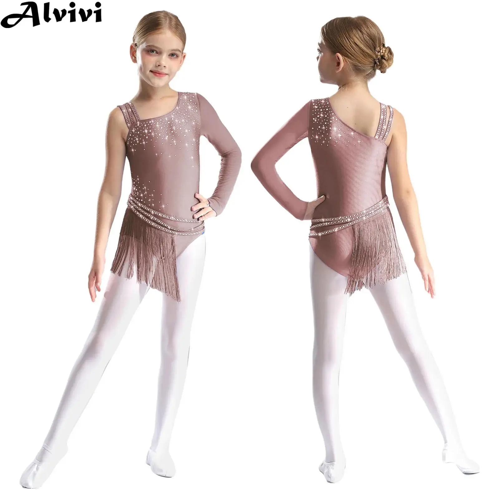 Bambini Ragazze Pattinaggio di Figura Costume Ballo Latino Cha-Cha Samba Tuta Strass Nappa Balletto Ginnastica Acrobazia Body