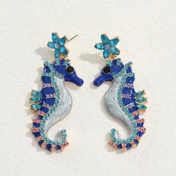 Vedawas Cute Metal Blue Black Crystal Seahorse Drop Earrings for Woman Funny Creative Marine Animal Earrings Personality Jewelry