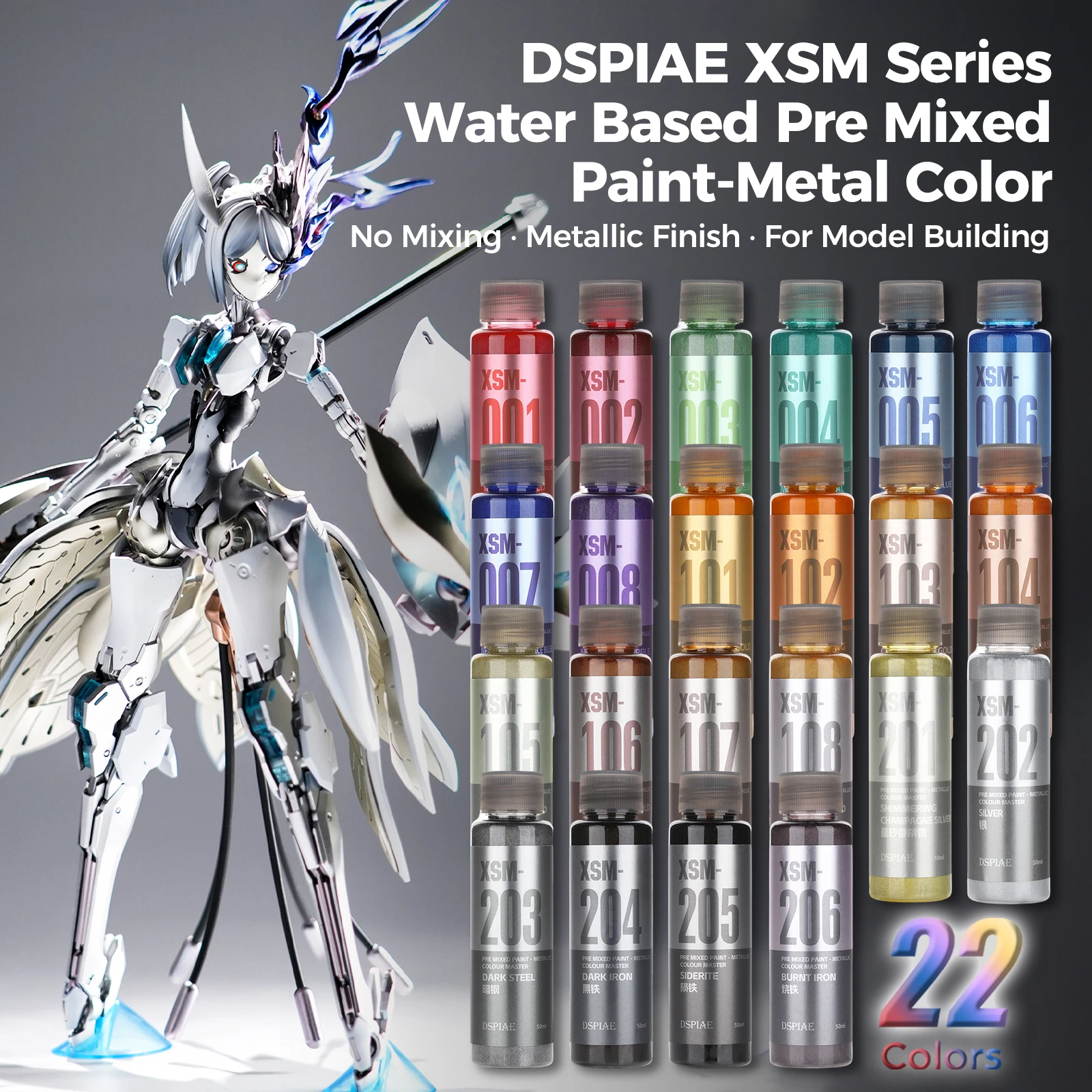 DSPIAE XSM Serie 50ml Wasserbasierte Acryl-Metallic-Farbe für Gunpla Hobby Maßstabsmodelle Mecha Militär-Bausätze Hobby DIY Bastelwerkzeuge