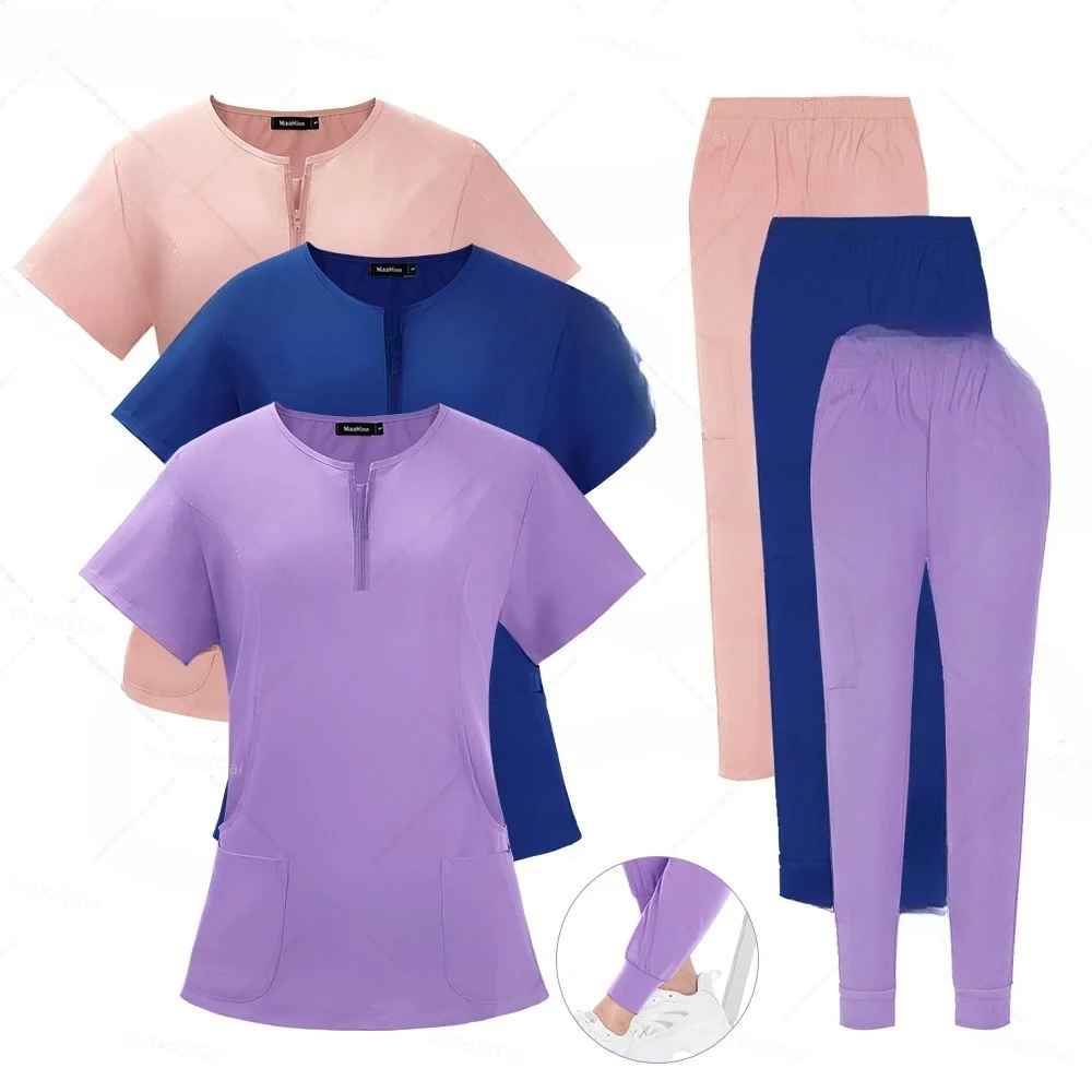 New Medical Surgical Uniforms Woman Scrub Set Beauty Salon Workwear Clinical Scrubs Top Pocket Pants Vet Doctor Zip Nursing Suit