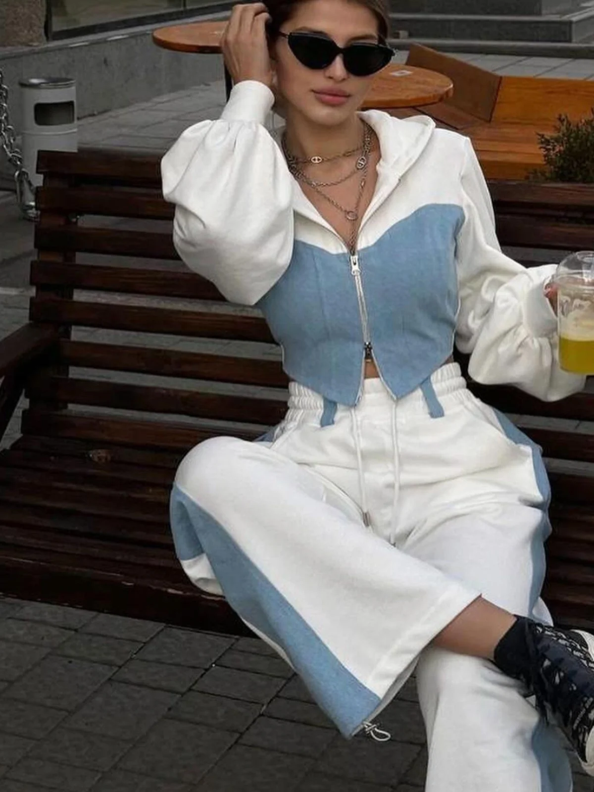 

Casual Faionable Sweatirt Set with Denim Patchwork Hoodie Long Pants Women's Clothing Polyester Long Sve Hooded Suit