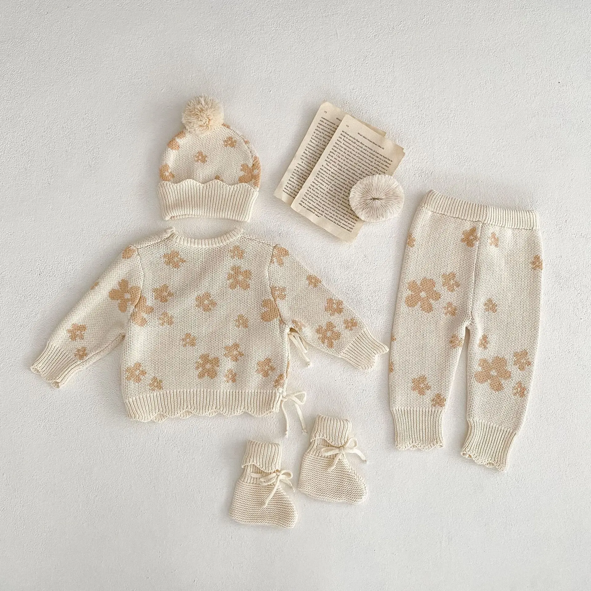 Autumn Outfits Girl Baby Print Long Sleeve Sweater Coat Boy Children Kintted Pants Kid Cotton Knit Pompon Cap Infant Solid Socks