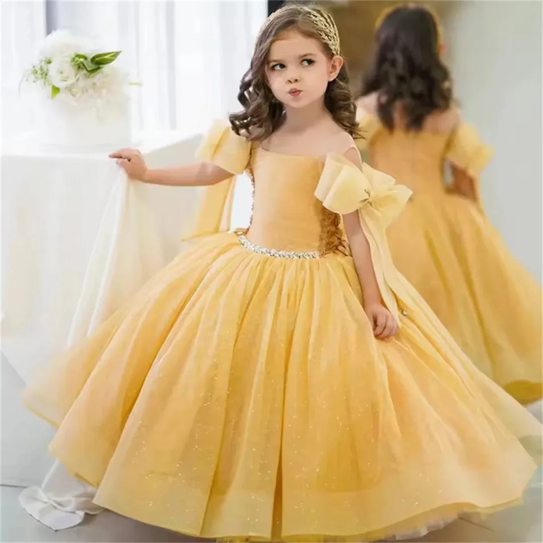 

Customized Flower Girl Dresses Bow Appliques Hight-low Skirt Sleeveless For Wedding Birthday Party Bnauquet Princess