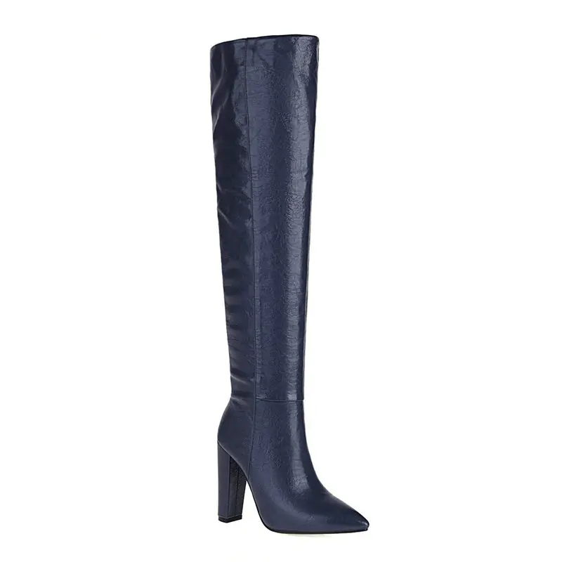 Navy Brown Grey Color Pointed Toe Sexy Overknees Women Winter Shoes Block High Heels Pleated Pattern Over-the-knee Long Boots