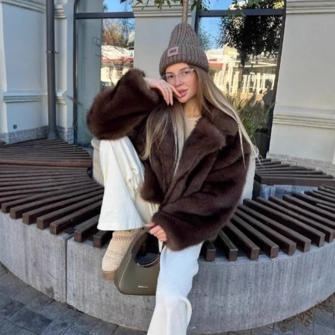 KIDCRKJ 2025 Winter Women's Eco Fur Jacket Fluffy Short Loose Lady's Artificial Fur Jacket Long Hair Plush Female Mink Fur Coat