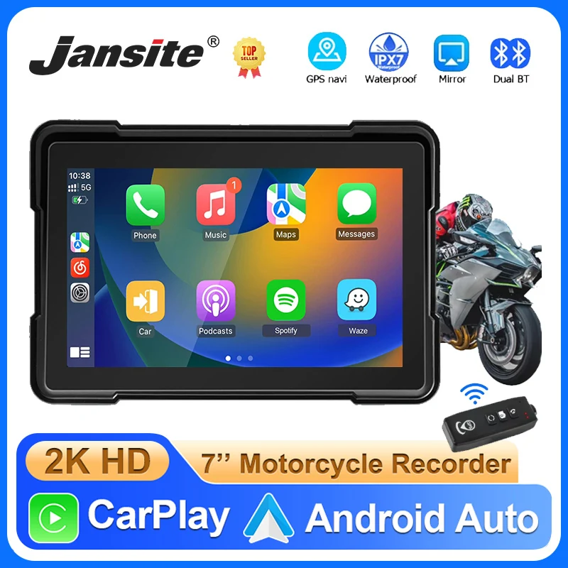 7'' 2K Motorcycle DVR Navigation Multimedia Player Wireless CarPlay Android Auto Dual Lens Recorder DVR IP67 Waterproof Display