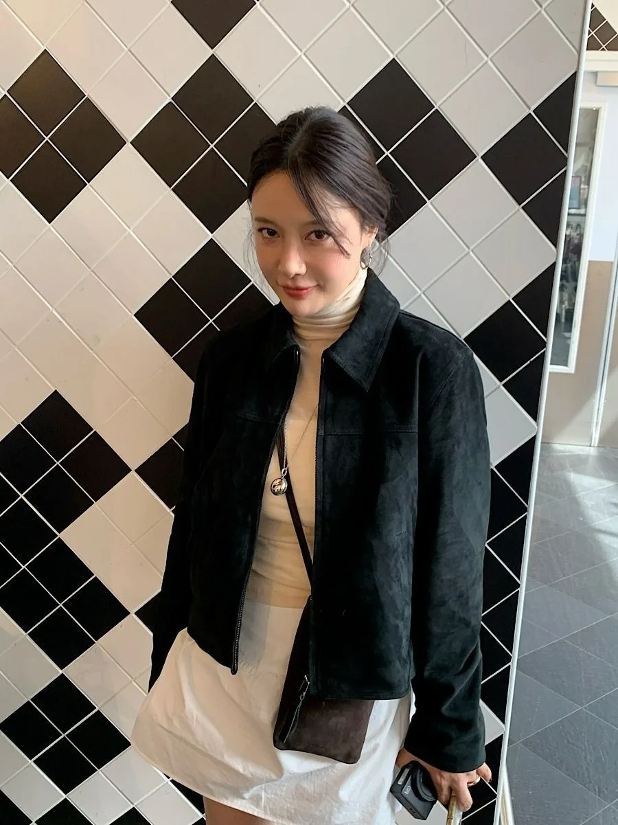 Koreanischer Chic 2026 Herbst Neuer Stil Stehkragen Kunstleder-Samt-Jacke mit Reißverschluss Coole Kurze Mantel-Oberteile für Damen – Detail 18