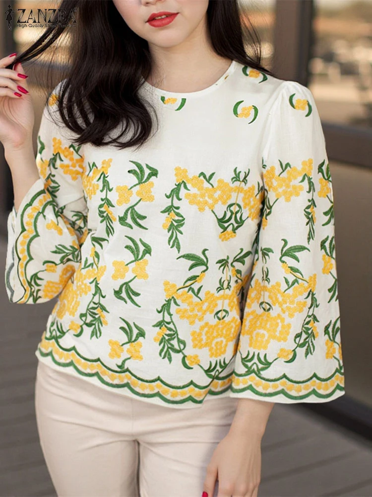 

ZANZEA Women Blouses 2025 Summer Casual Round Neck 3/4 Sleeve Bohemian Shirts Loose Blusas Holiday Floral Printed Tunic Tops