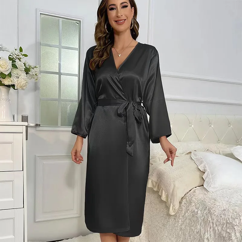 

Women Ice Silk Long Robe Sleepwear V-Neck Solid Bathrobe Kimono Robes with Belt Korean Cardigan Night Dress Homewear Pyjamas