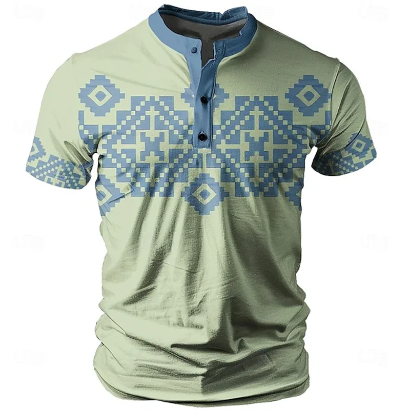 Fashion Vintage Men's T-Shirt 3D Splicing Print Henry Shirt Casual Breathable Short Sleeve Tops Summer Street Tee Loose Clothing