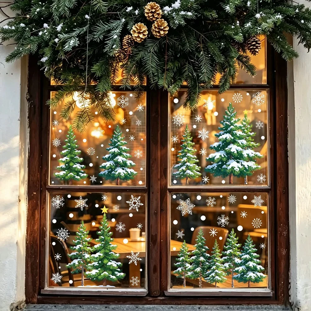 Green Cedar Window Stickers Christmas Decoration for Home Shopping Mall, Snowflake Christmas Tree Static Sticker for Glass