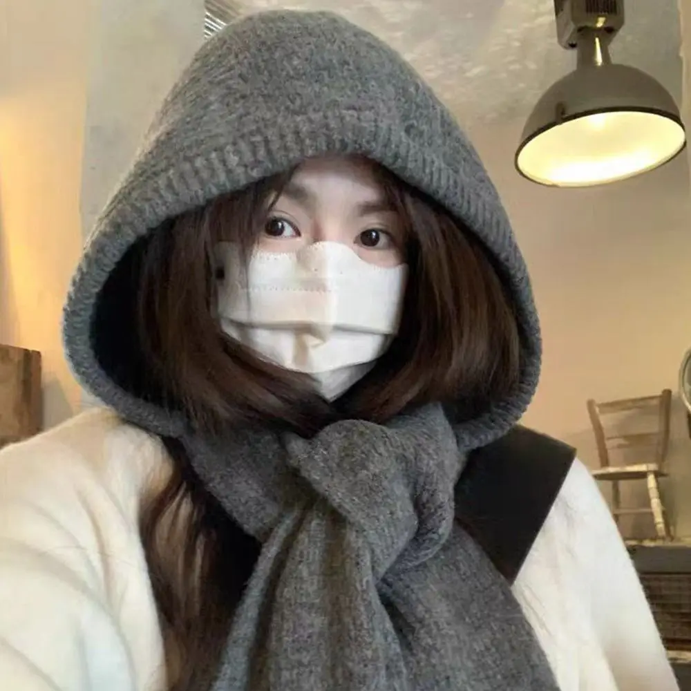 Korean Knitted Winter Balaclava Thickened One-Piece Scarf Cap Winter Accessories Hooded Hat Ear Protection Cap Unisex Wear