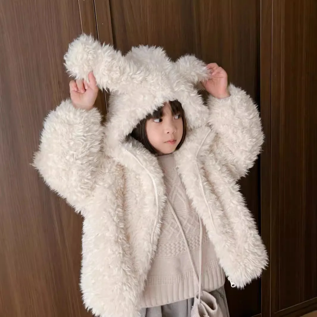 

Children Girl Autumn Winter Woolen Coat Fuffy Ear Hooded Thicken Outerwear For Kid Baby Girl Little Girl Warm Zipper Fleece Coat