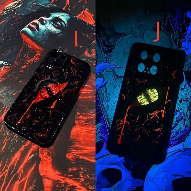 3D horror Gothic-style glow-in-the-dark "Cat's Eye" phone case for iPhone 17 through 12 Pro Max; soft silicone material.