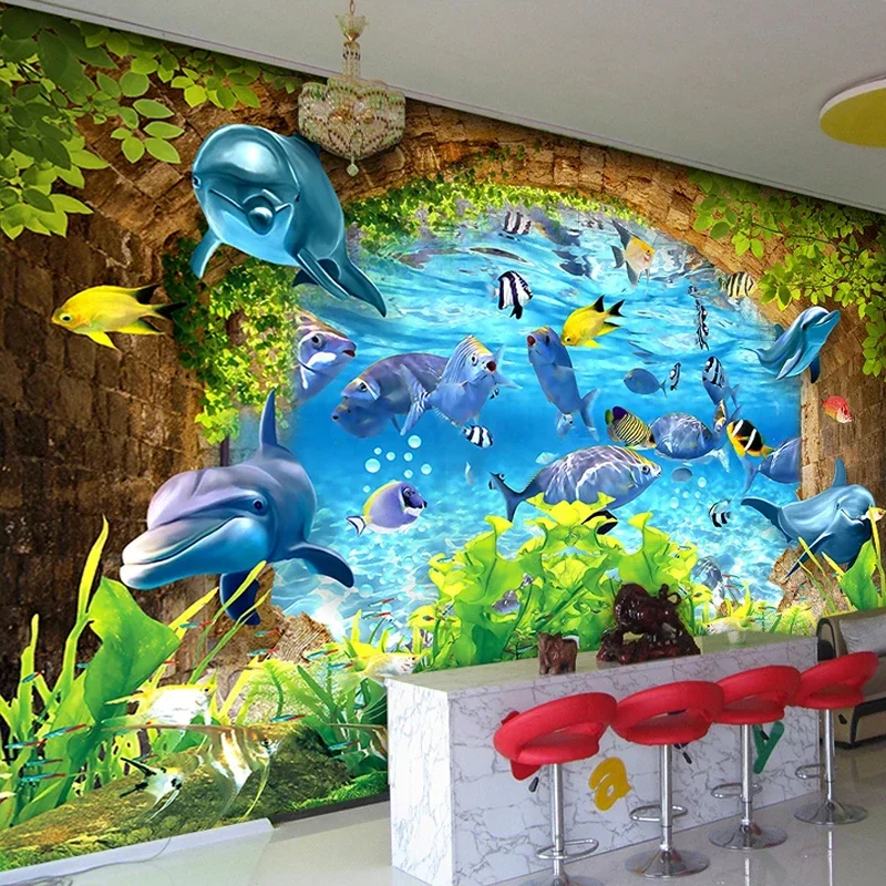 Underwater World Ocean Dolphin Fish Custom 3D Photo For Kids Room Bedroom Kindergarten Cartoon Decoration Mural Wall Wallpaper