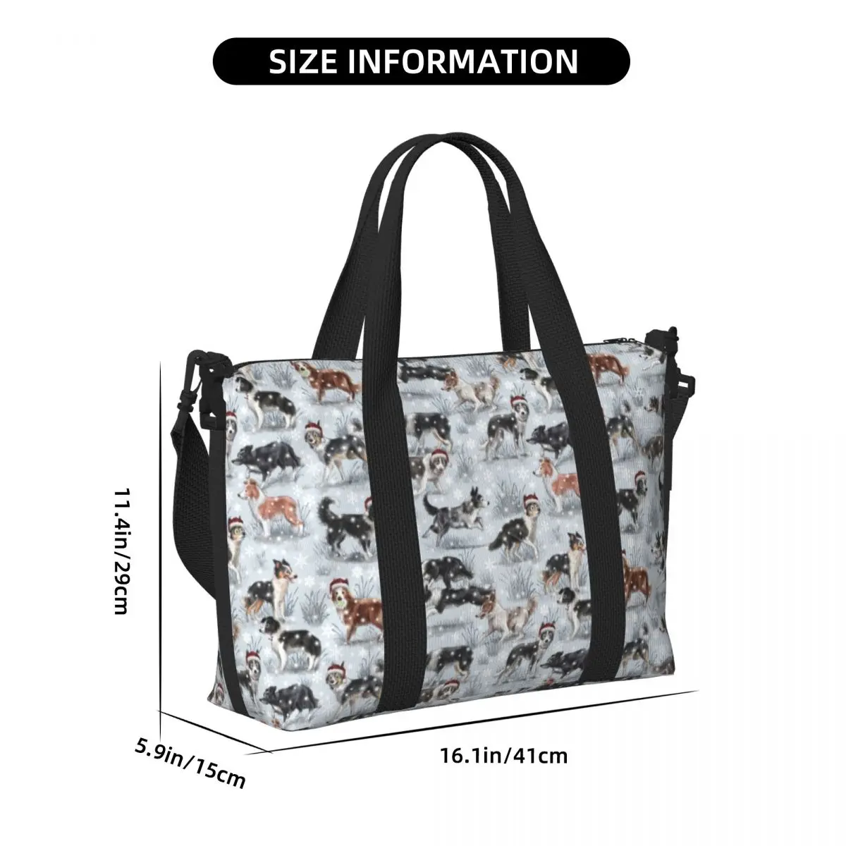 CUSTOM น่ารักคริสต์มาส Border Collie สุนัขร้านขายของชํา Shopping Tote กระเป๋าผู้หญิงขนาดใหญ่ความจุสัตว์เลี้ยงสัตว์ GYM Beach กระเป๋าเดินทาง