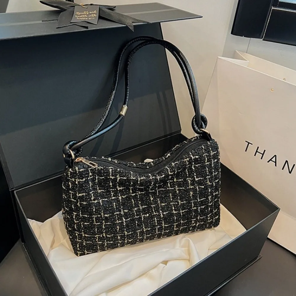 Zipper Hobos Woolen Plaid Underarm Bag Appliques Soft New Luxury Designer Handbags Dacron Korean Style Purse Crossbody Bag Women