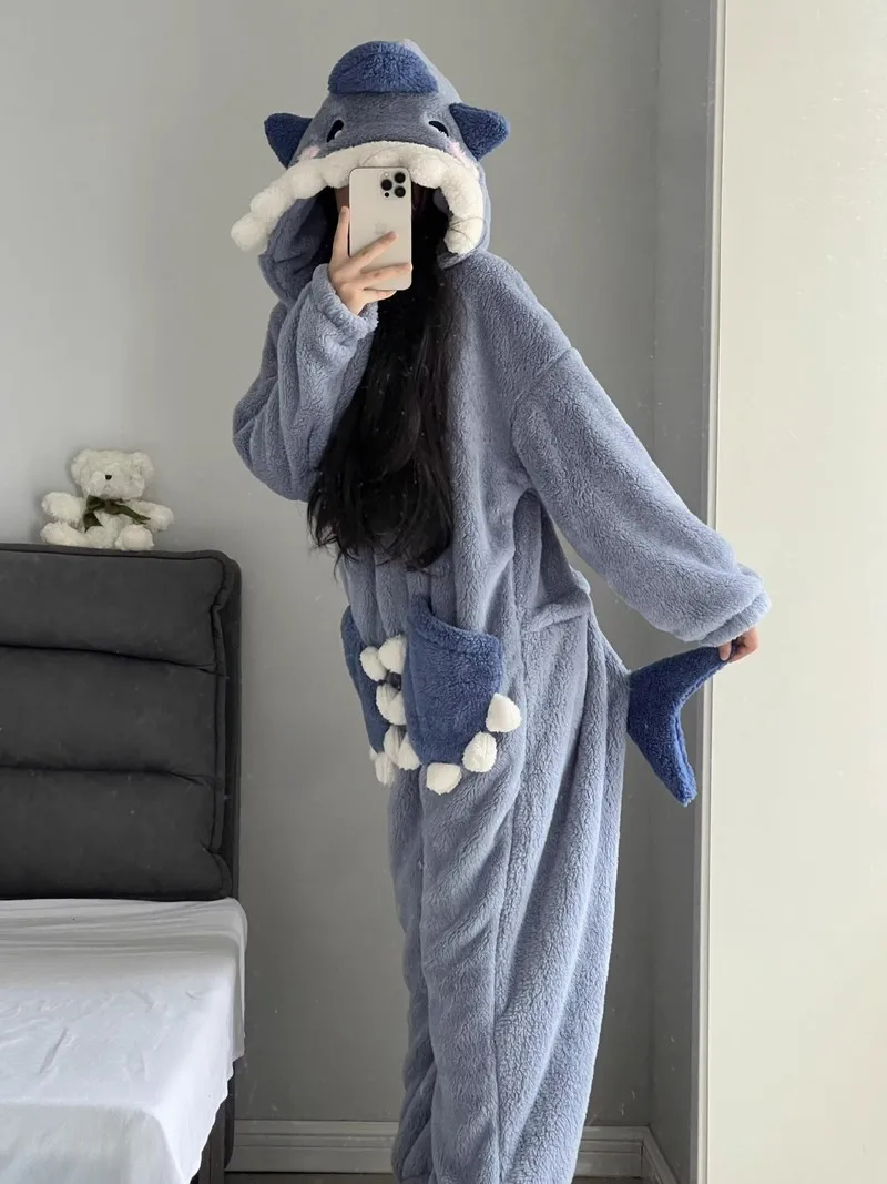 Cotton Coral Fleece One-Piece Pajamas Autumn Winter Clown Fish Hanton Shark Strap Bear Adult Warm Home Nightgown Lovers Pajamas