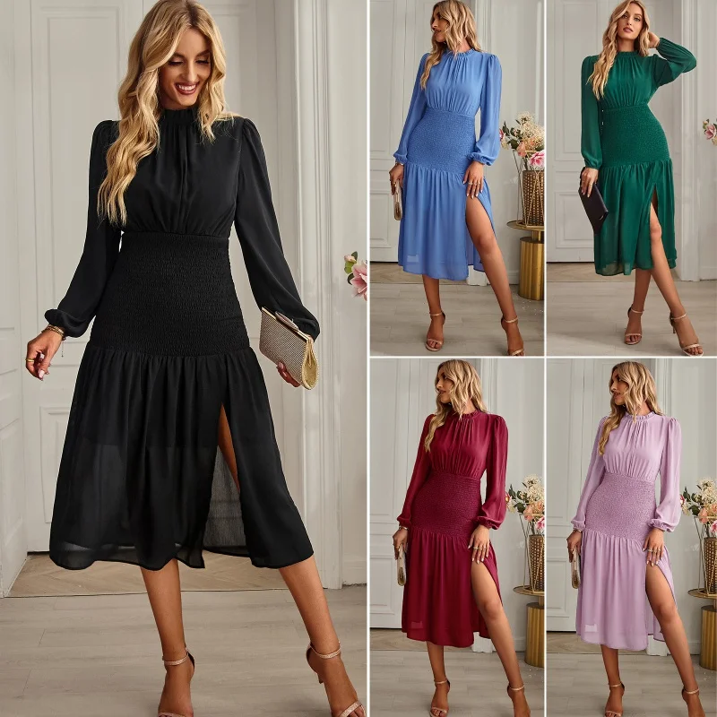 

DY-Mid-Length Sexy Dress, European Station, Solid Color, Split, Casual, Spring and Summer, Independent Design