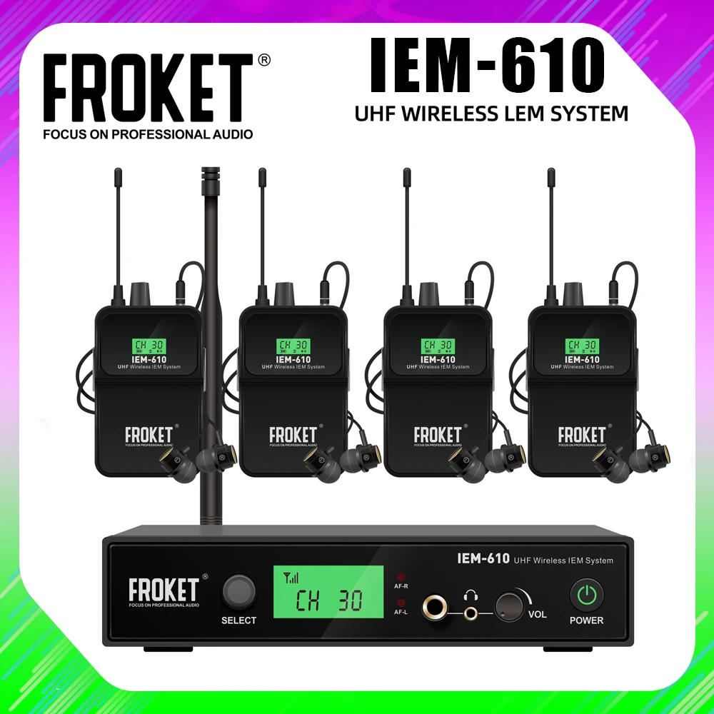 

FROKET IEM-610 UHF Беспроводная система мониторинга в ухо Диапазон 80 м 530-580 МГц для выступления на сцене, записи, диапазона, барабанщика, церкви
