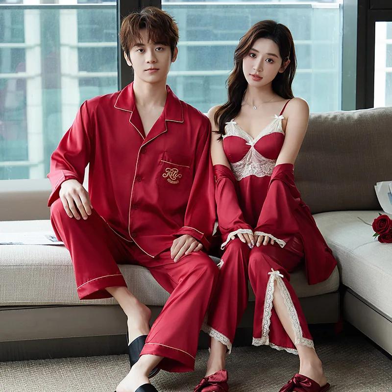 

Autumn Female Robe Sling Pants Pajamas Sleepwear 3PCS Set Homewear Loose Satin Men Shirt Pants Pijama Loungewear
