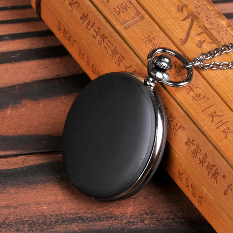 Vintage Luxury Smooth & Matte Black Case Quartz Pocket Watch for Men Roman Numeral Fob Chain Necklace Pendant Clock for Gifts