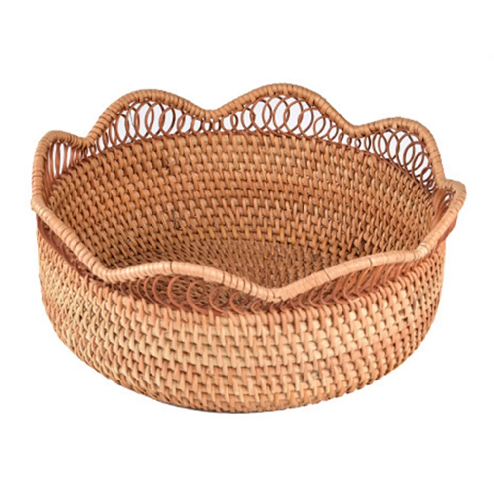 Round Rattan Food Storage Basket Fruit Bread Hand-Woven Tea Dessert Serving Plate Kitchen Household Desktop Tray,Large